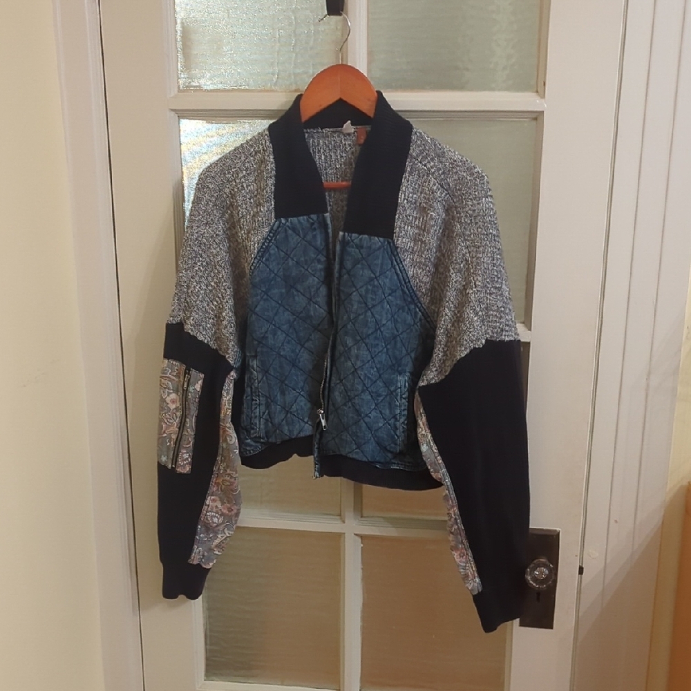 Pilcro Women's Blue and Black Bomber Jacket
